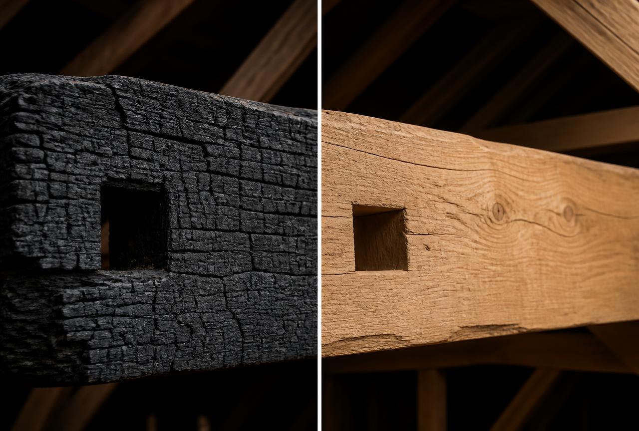 Before and after dry ice blasting restoration of a charred wooden beam