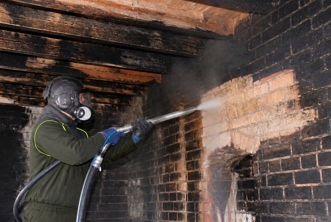Fire damage restoration using dry ice blasting on brick walls