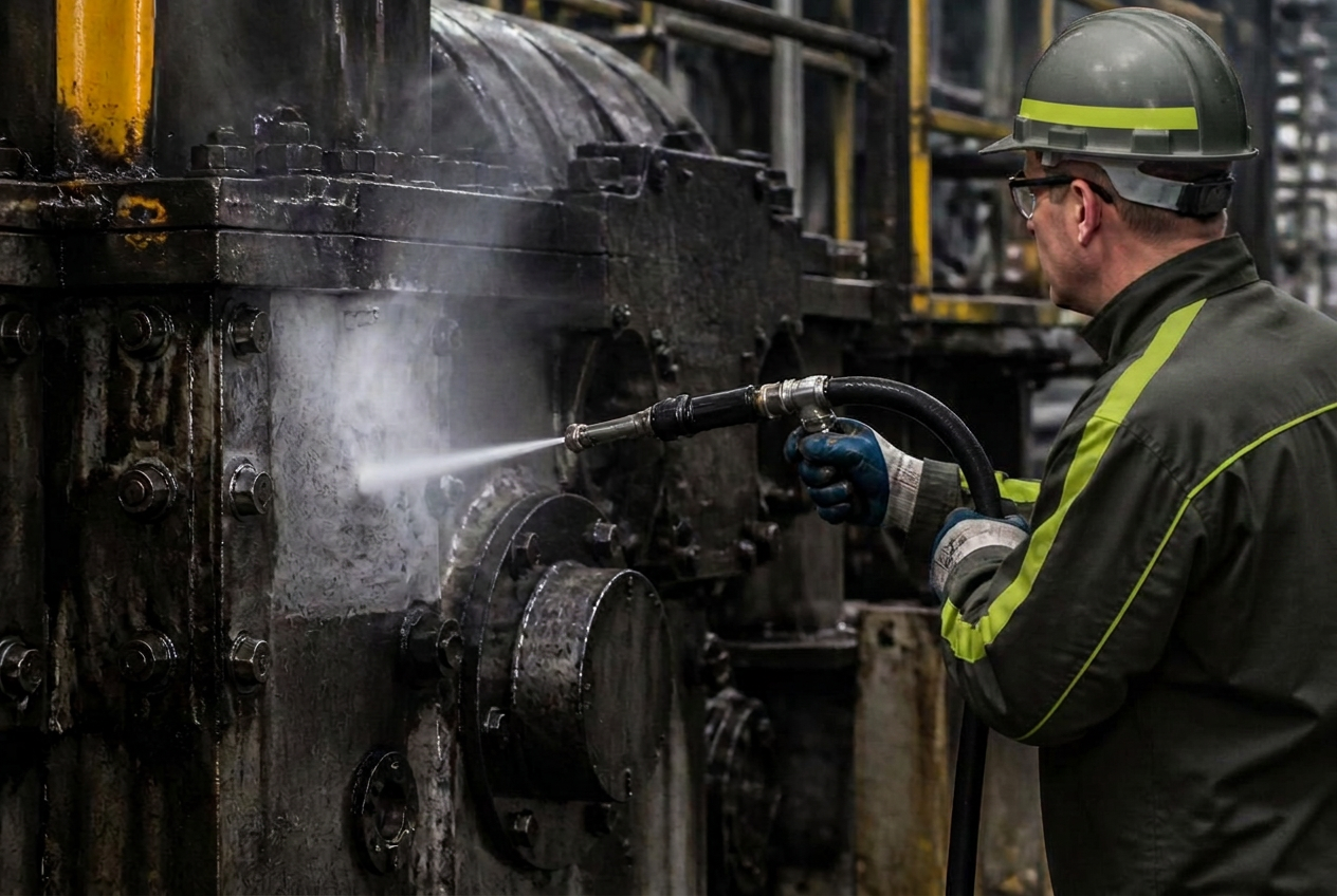 Industrial equipment cleaning with dry ice blasting