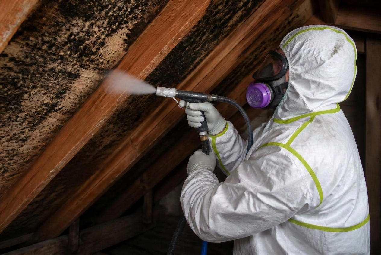 Mold remediation in attic using dry ice blasting